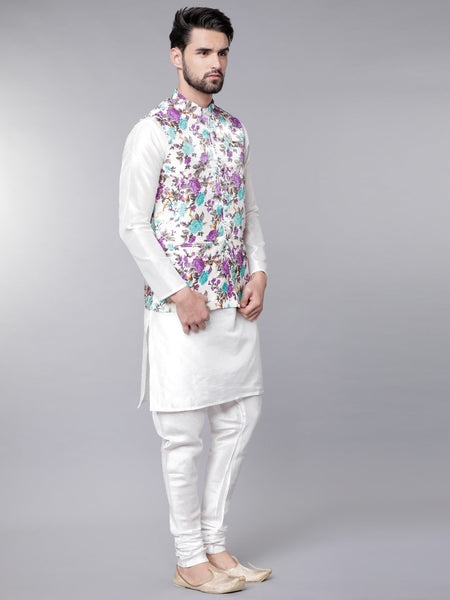 Svanik Men's Multi & Mauve Polyester Dupion Printed Nehru Jacket